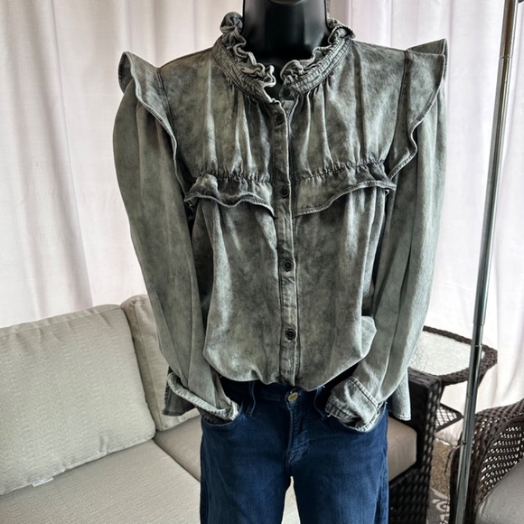 Isabel Etoile Marant Tie Dye Acid Wash Print Mock Neck Button up top - Picture 6 of 13